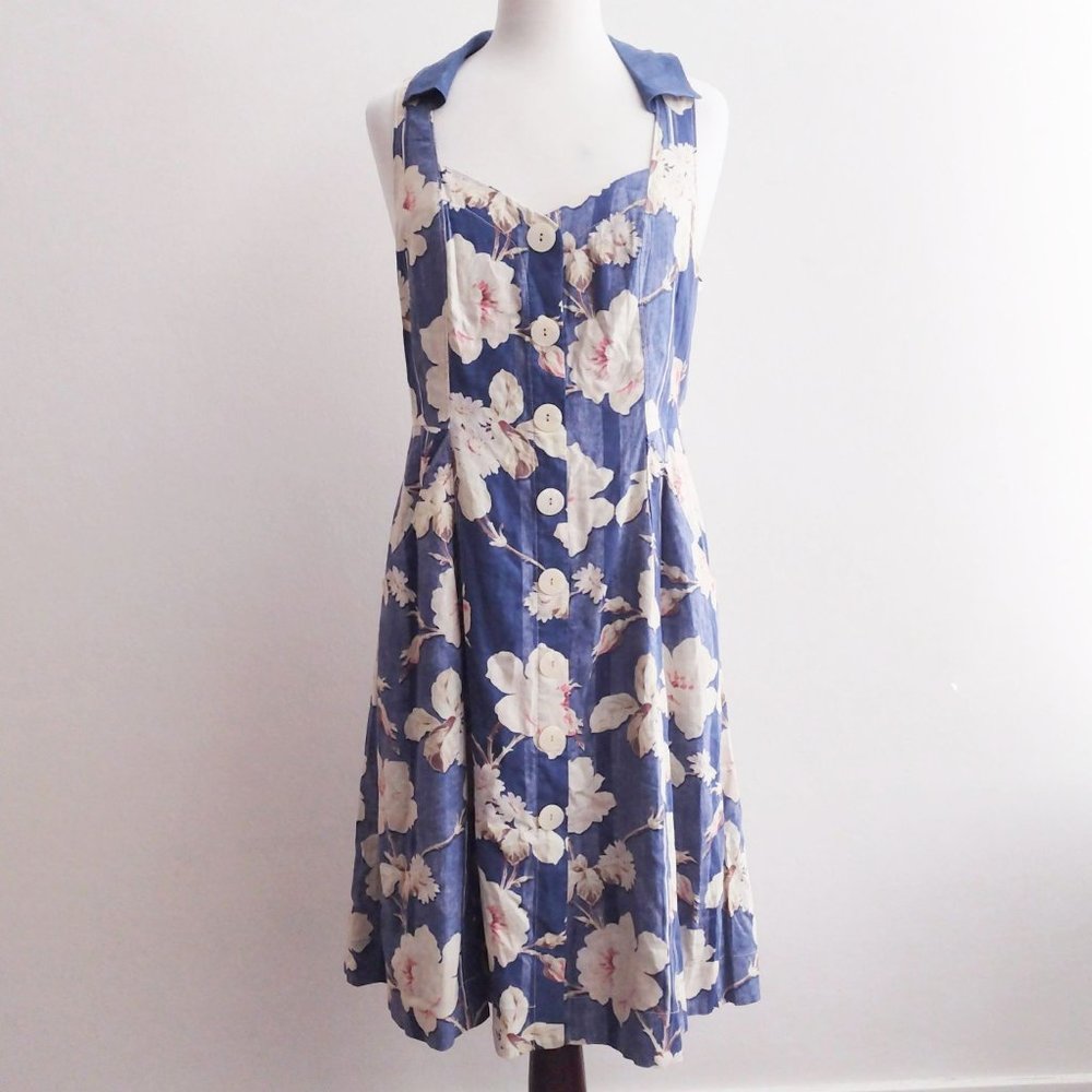 Anthropologie Linen Blend Floral Dress 12 LIKE NEW Blue Ivory Sundress